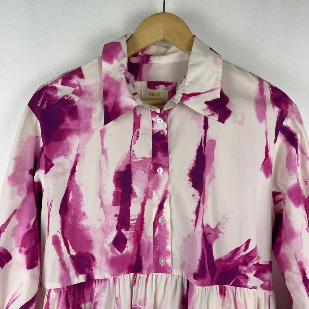 Anthropologie Maeve Bettina Dress Tiered Shirt Buttondown Watercolor Pink Small - Picture 7 of 13